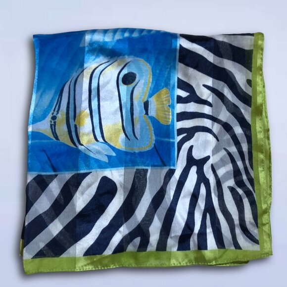 Vintage Square Scarf Tropical Fish Zebra Print Blue Green | 20”x20” - Picture 1 of 5